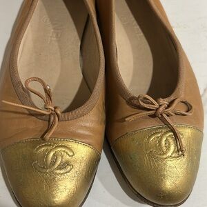 CHANEL Gold Cap-Toe & Tan Leather Ballet Flats